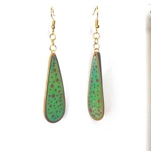 Green teardrop dangle earrings hypoallergenic hooks, lightweight, handmade
